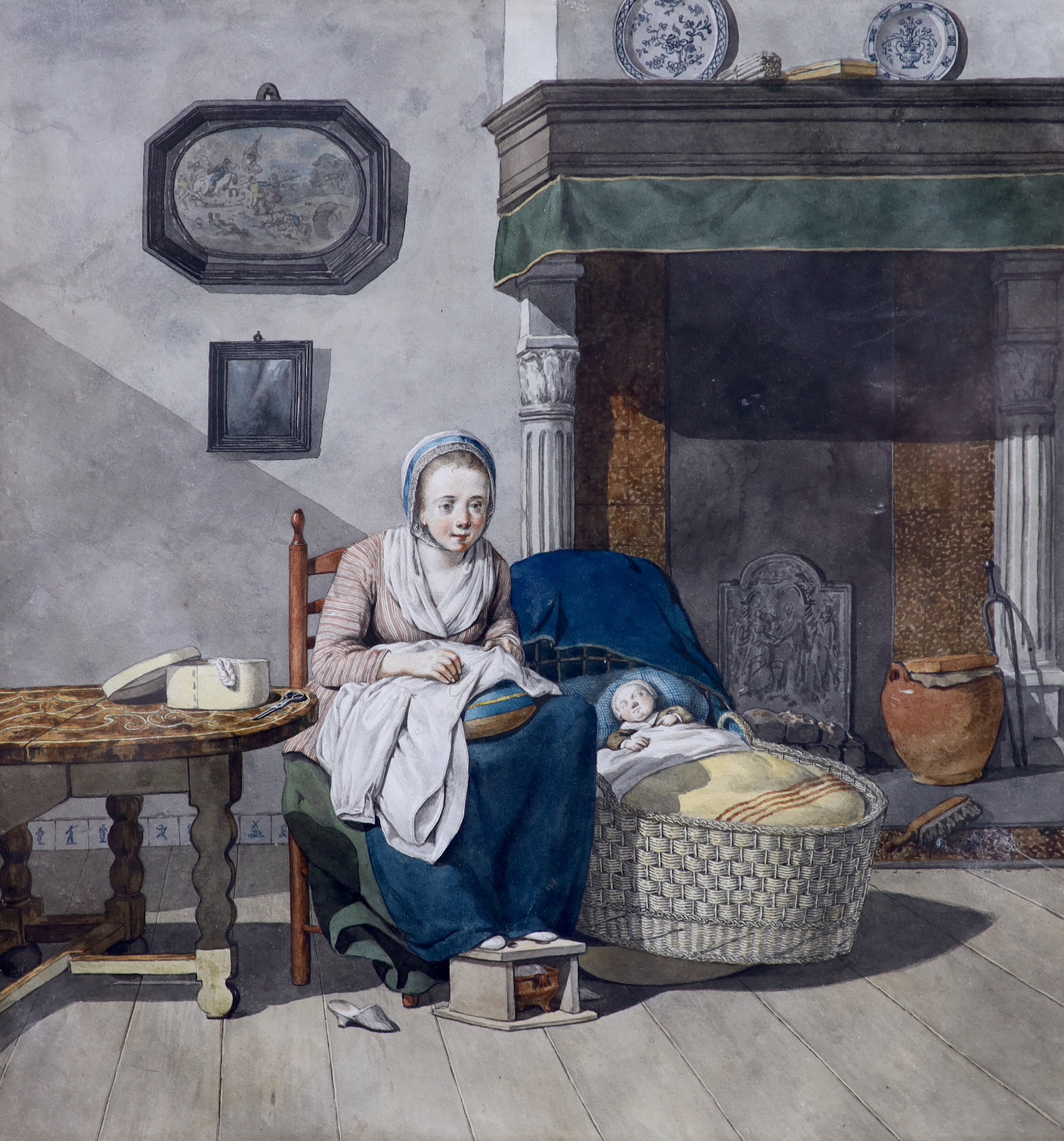Johannes Huibert Prins (Dutch, 1757-1806), 'The Young Mother', ink and watercolour, 24 x 23cm